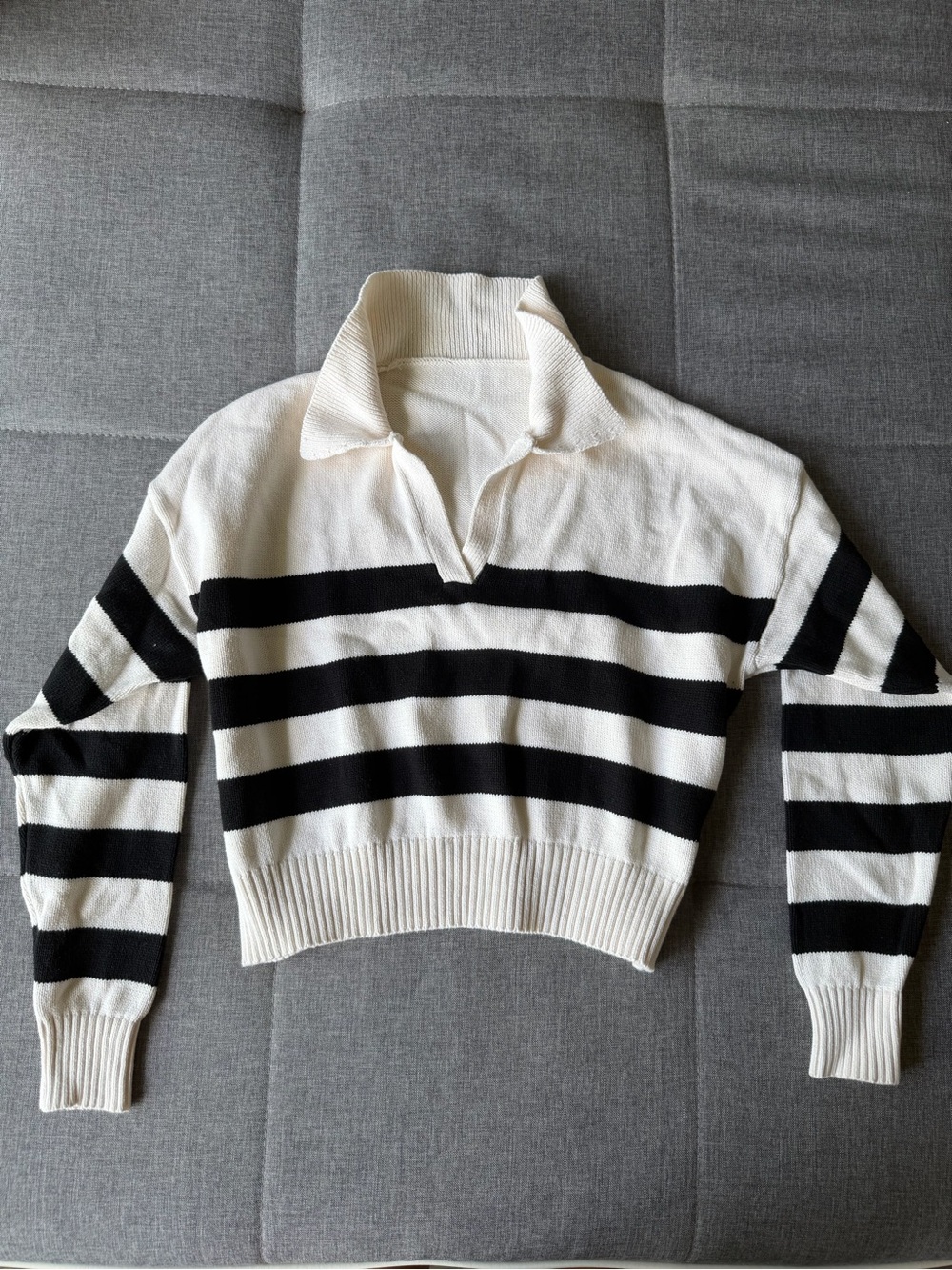 Cropped Ivory & Black Striped Polo Sweater